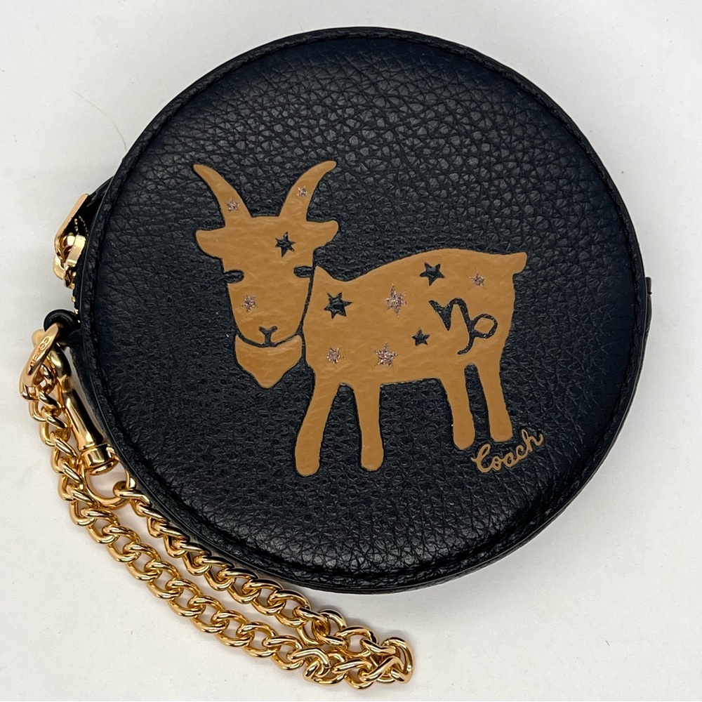 Coach Black Round Leather Coin Pouch with Tan Capricorn Motif and Gold Chain